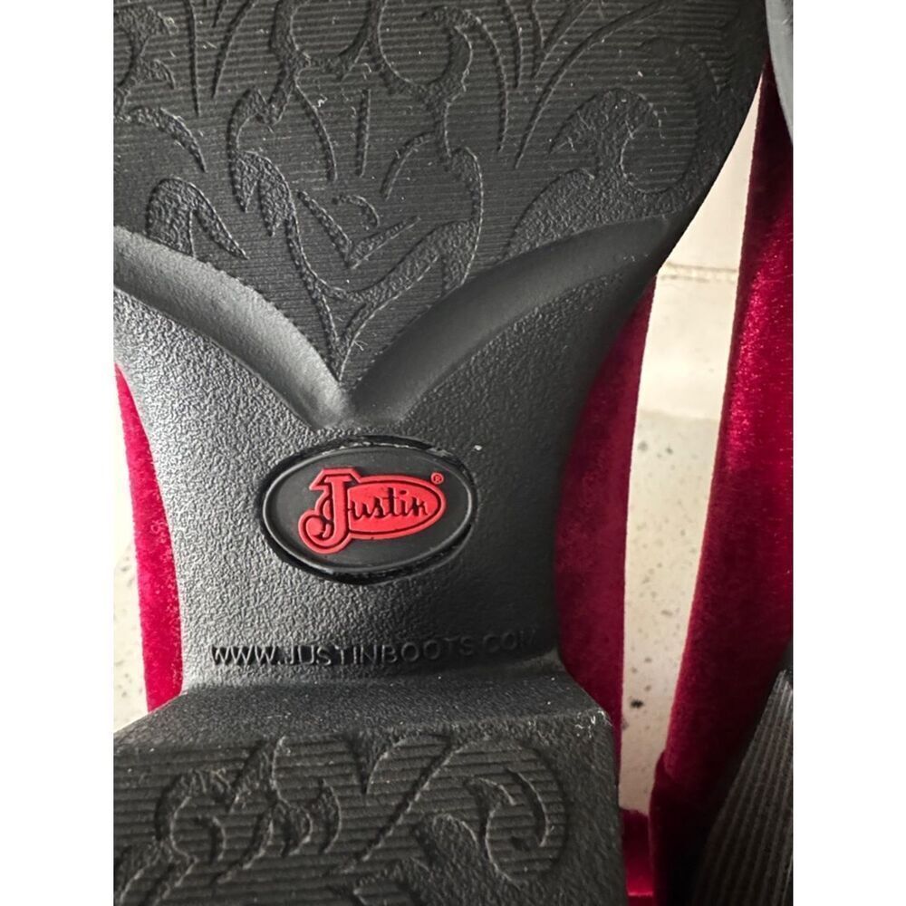 Justin Textile Velvet knot Ankle Boots Red Wine Western Cowgirl Size 8.5 EUC - Picture 10 of 12